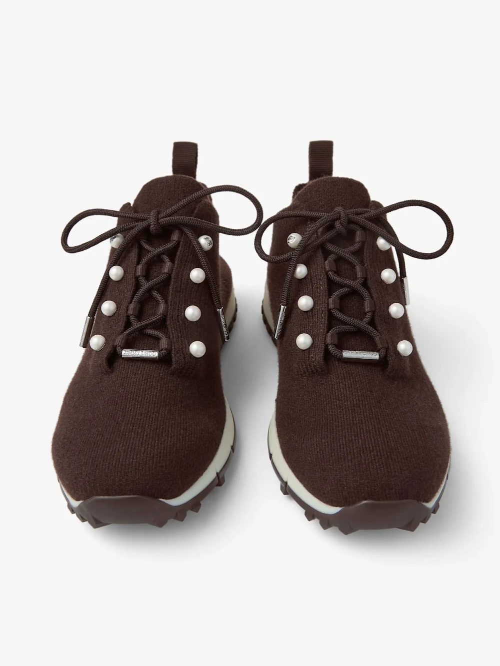 Back view of the Jimmy Choo Veles Chocolate Cashmere Melange Knit Trainers with Pearl Buttons