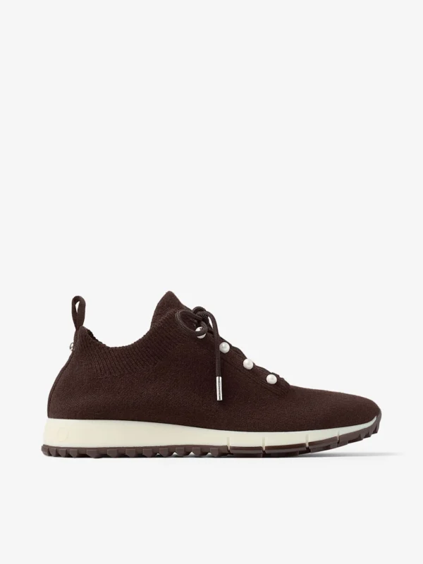 Jimmy Choo Veles Chocolate Cashmere Melange Knit Trainers with Pearl Buttons