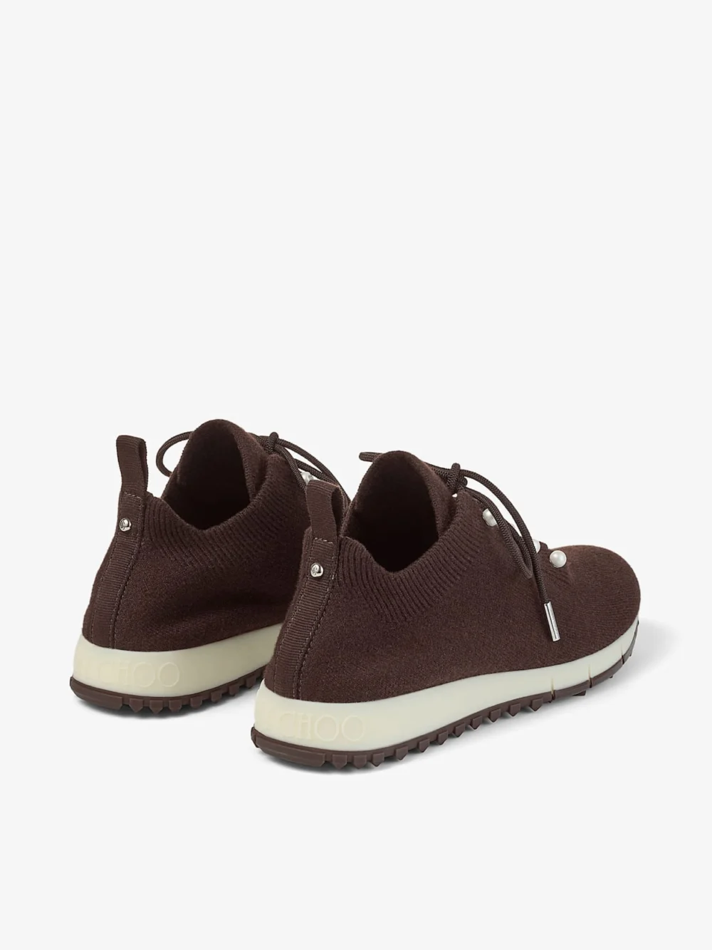 Jimmy Choo Veles Chocolate Cashmere Melange Knit Trainers with Pearl Buttons, another view