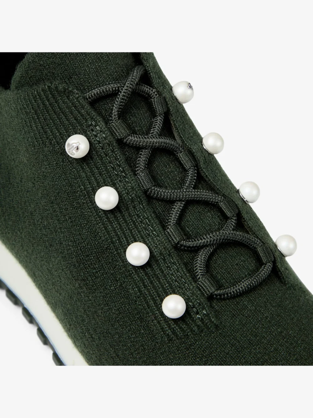 Back view of the Jimmy Choo Veles Dark Moss Green Mix Cashmere Melange Knit Trainers with Pearl Buttons