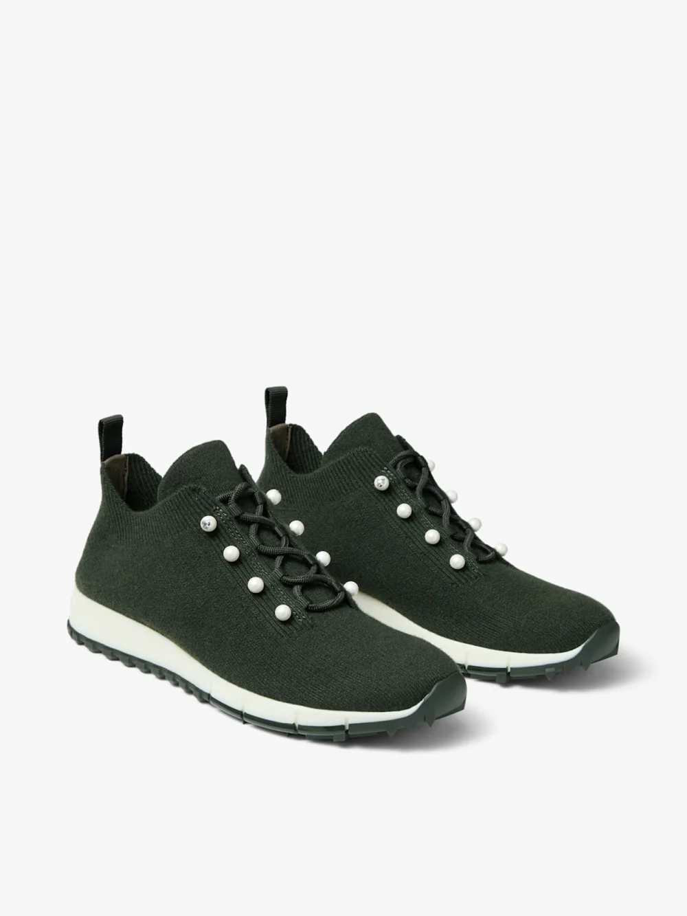 Close-up detail of the Jimmy Choo Veles Dark Moss Green Mix Cashmere Melange Knit Trainers with Pearl Buttons