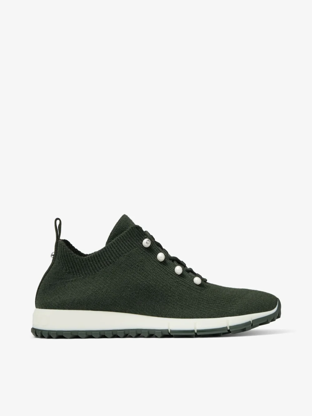 Jimmy Choo Veles Dark Moss Green Mix Cashmere Melange Knit Trainers with Pearl Buttons in v dark moss green mix