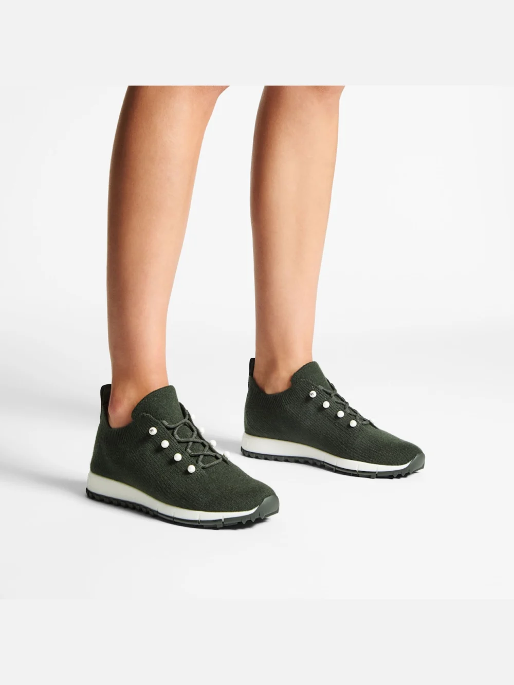 Side view of the Jimmy Choo Veles Dark Moss Green Mix Cashmere Melange Knit Trainers with Pearl Buttons