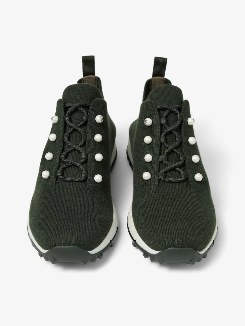 Jimmy Choo Veles Dark Moss Green Mix Cashmere Melange Knit Trainers with Pearl Buttons, another view