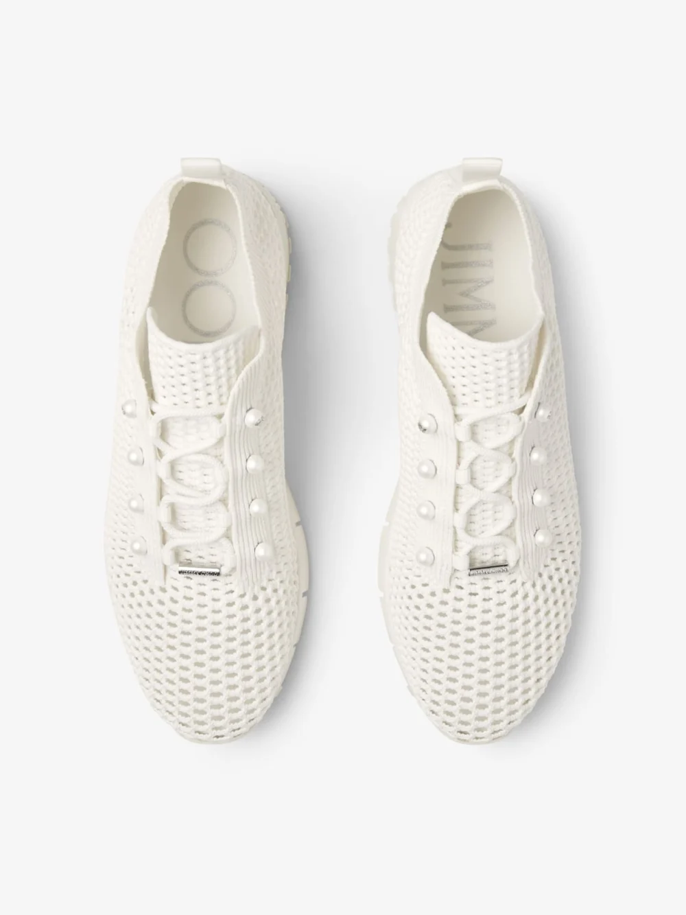 Back view of the Jimmy Choo Veles Latte Crochet Knit Low Top Trainers with Pearls