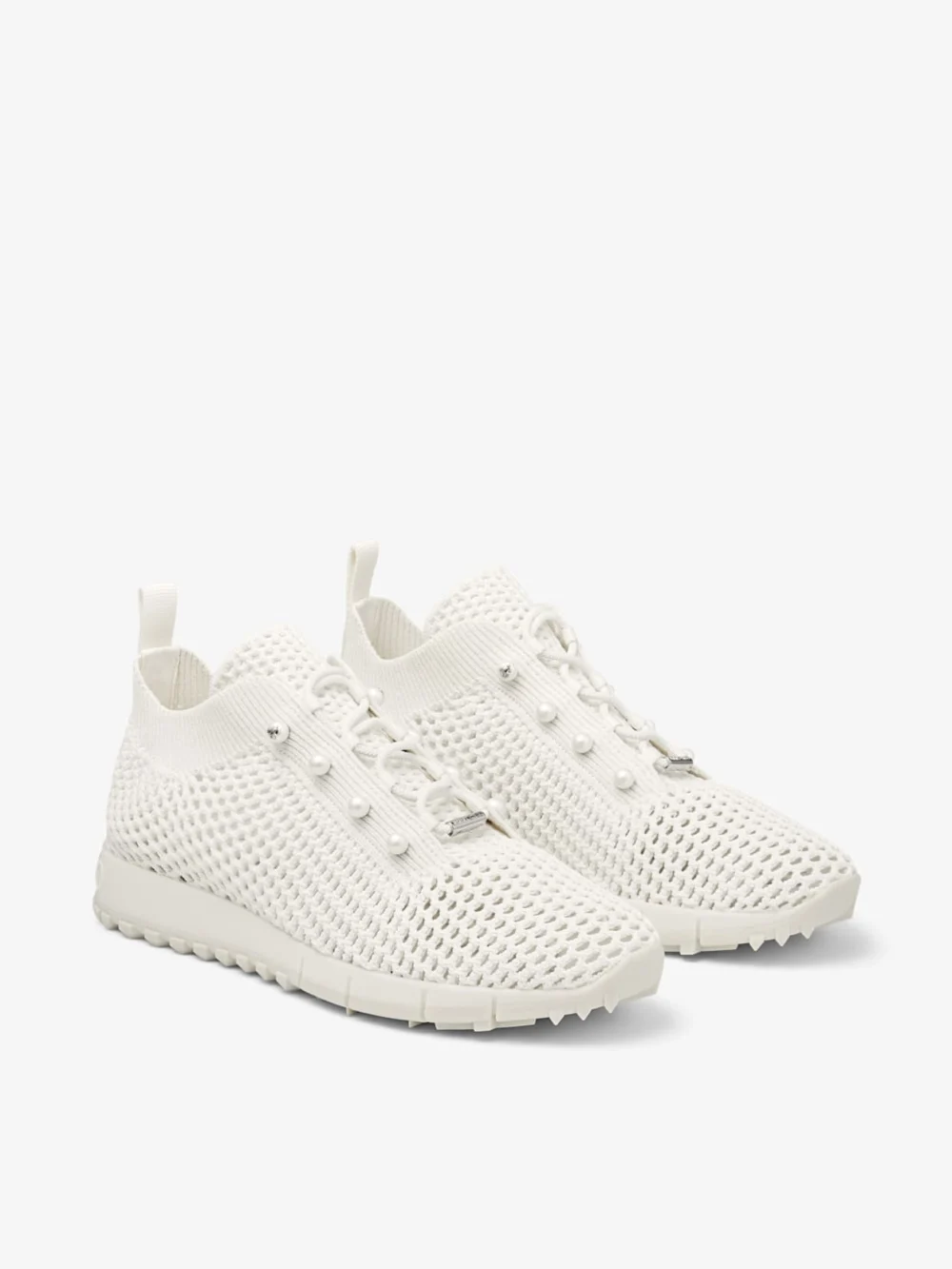 Side view of the Jimmy Choo Veles Latte Crochet Knit Low Top Trainers with Pearls