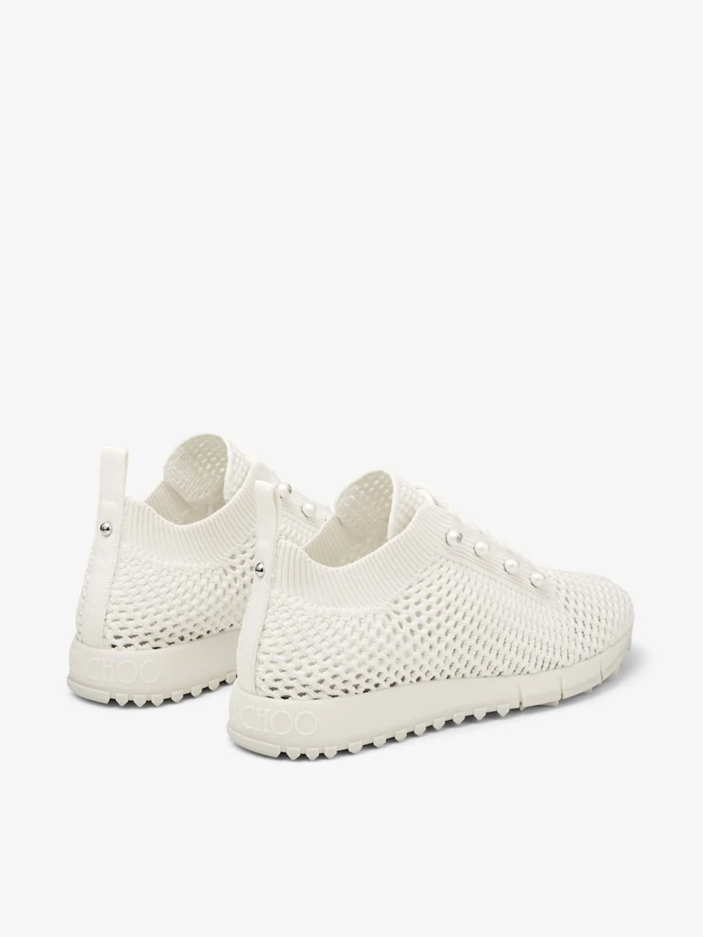 Jimmy Choo Veles Latte Crochet Knit Low Top Trainers with Pearls, another view