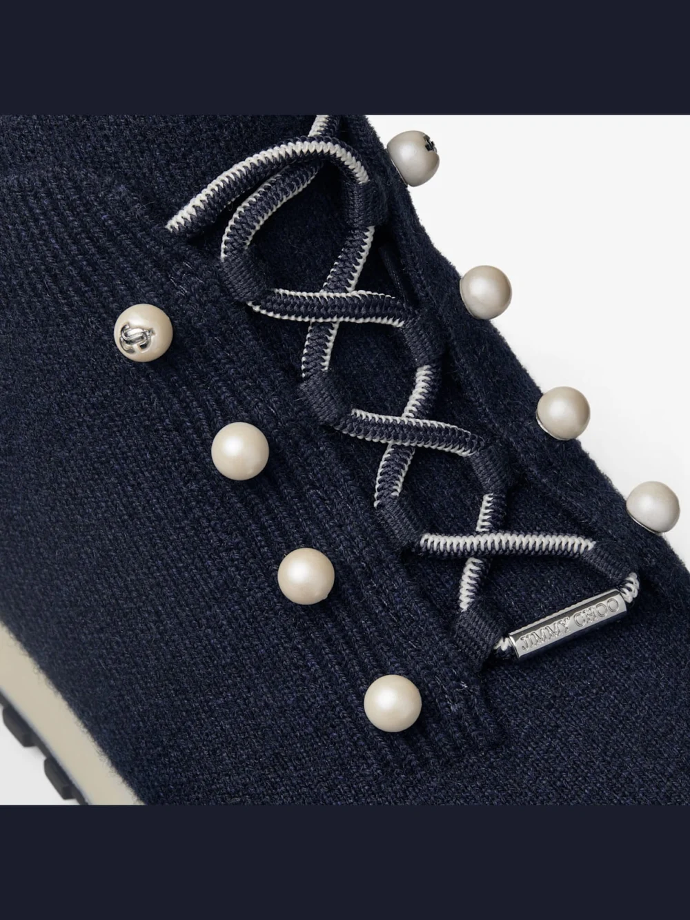 Back view of the Jimmy Choo Veles Marine Cashmere Melange Knit Trainers with Pearl Buttons
