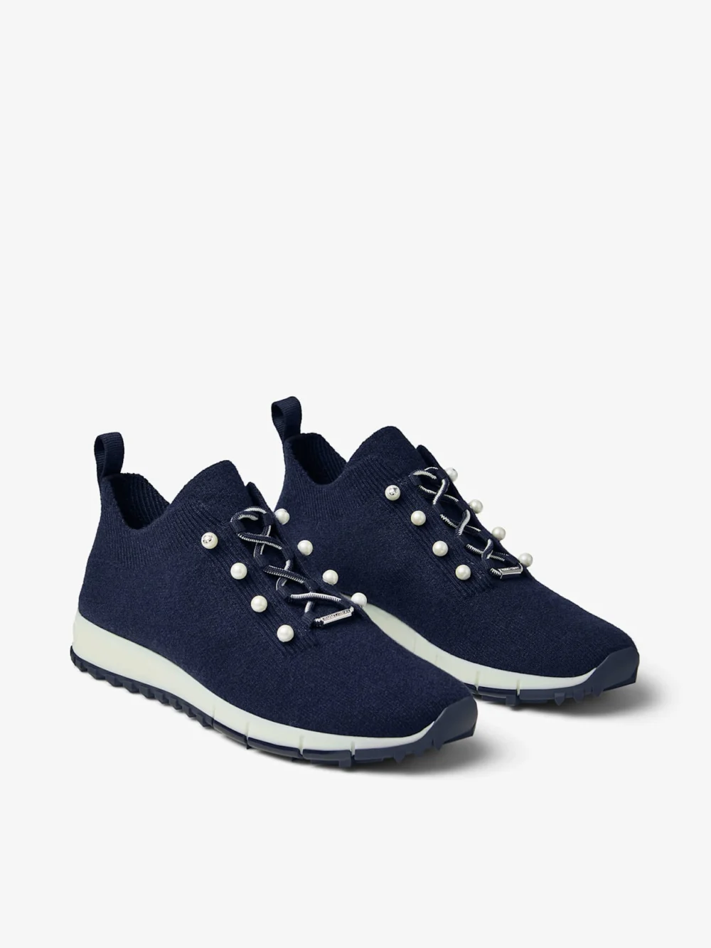 Close-up detail of the Jimmy Choo Veles Marine Cashmere Melange Knit Trainers with Pearl Buttons