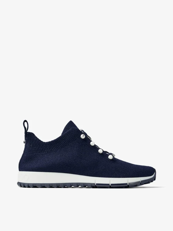 Jimmy Choo Veles Marine Cashmere Melange Knit Trainers with Pearl Buttons