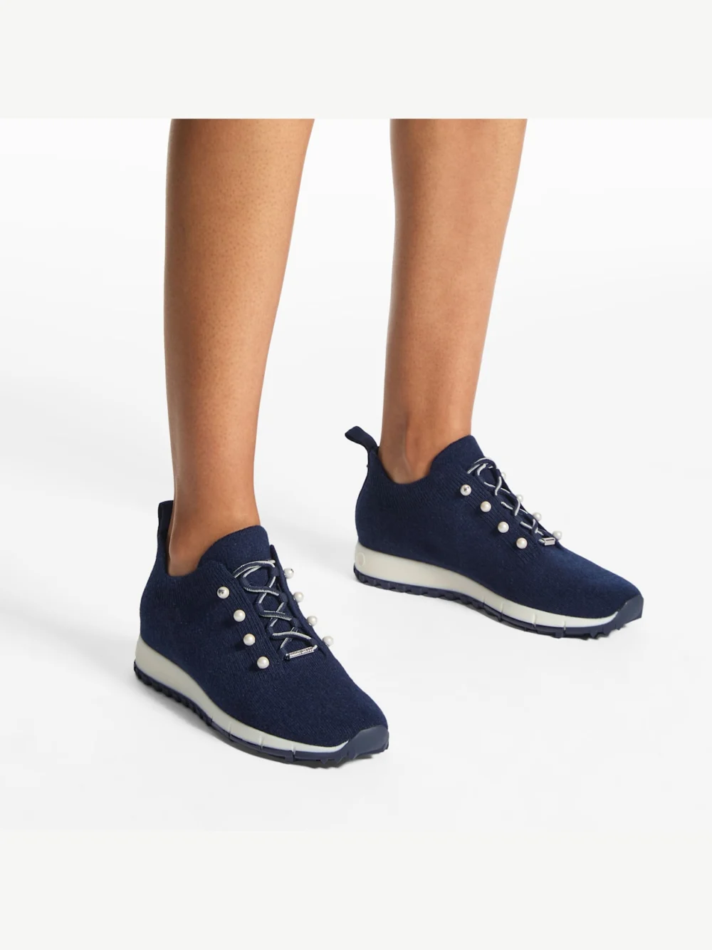 Side view of the Jimmy Choo Veles Marine Cashmere Melange Knit Trainers with Pearl Buttons