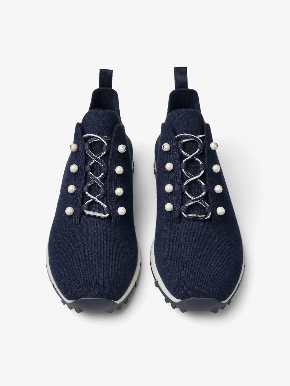 Jimmy Choo Veles Marine Cashmere Melange Knit Trainers with Pearl Buttons, another view
