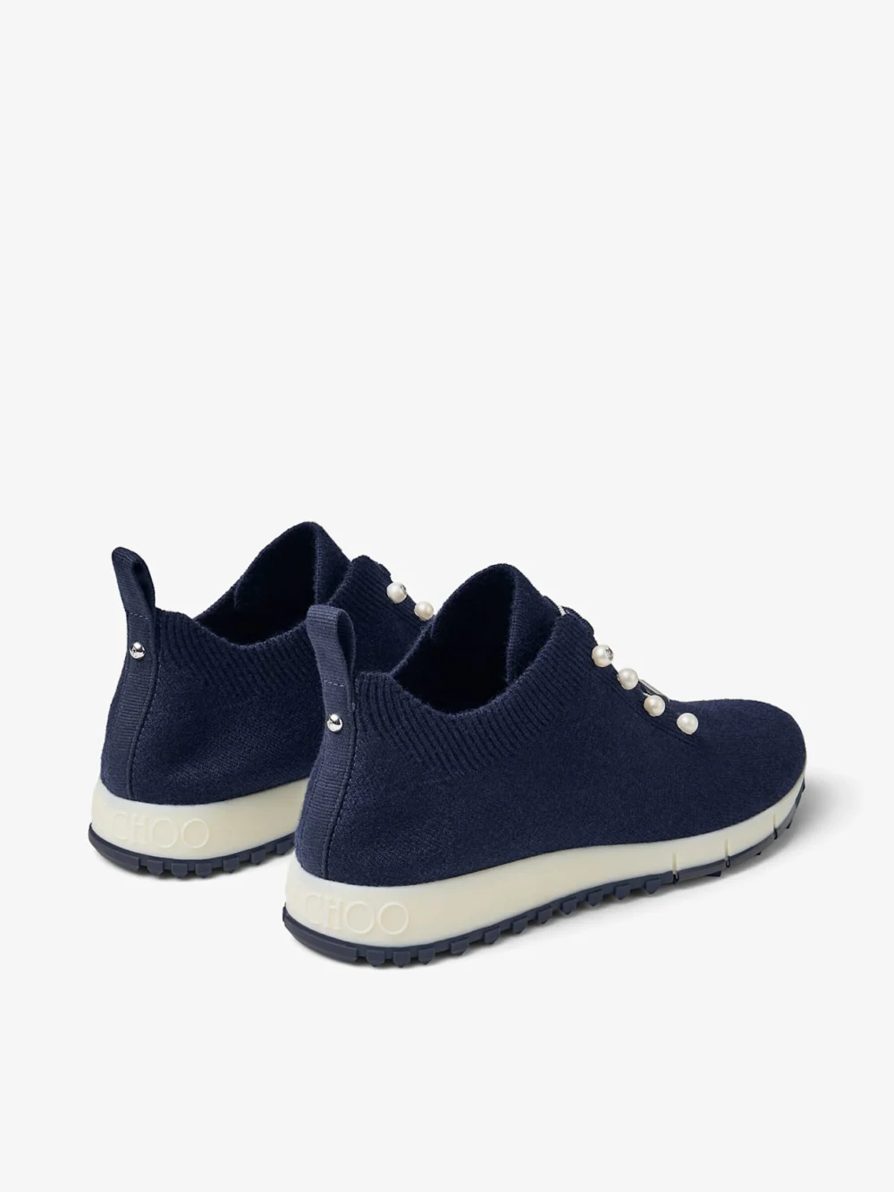 Jimmy Choo Veles Marine Cashmere Melange Knit Trainers with Pearl Buttons, another view