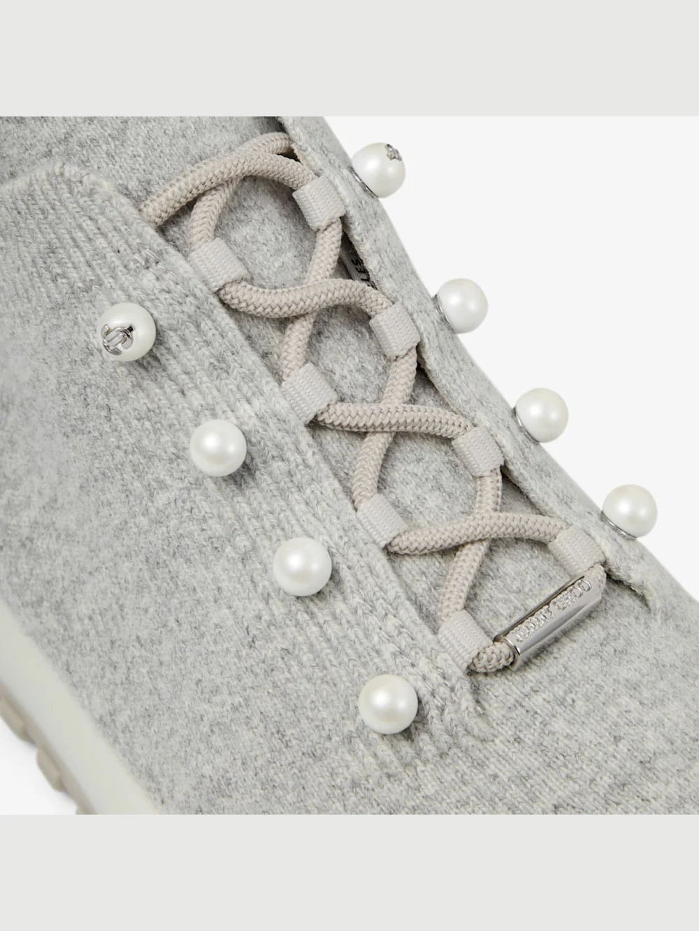 Back view of the Jimmy Choo Veles Moon Mix Cashmere Melange Knit Trainers with Pearl Buttons