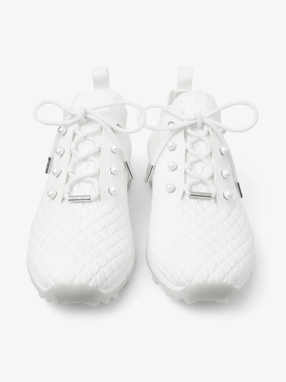 Back view of the Jimmy Choo Veles White Textured Knit Trainers