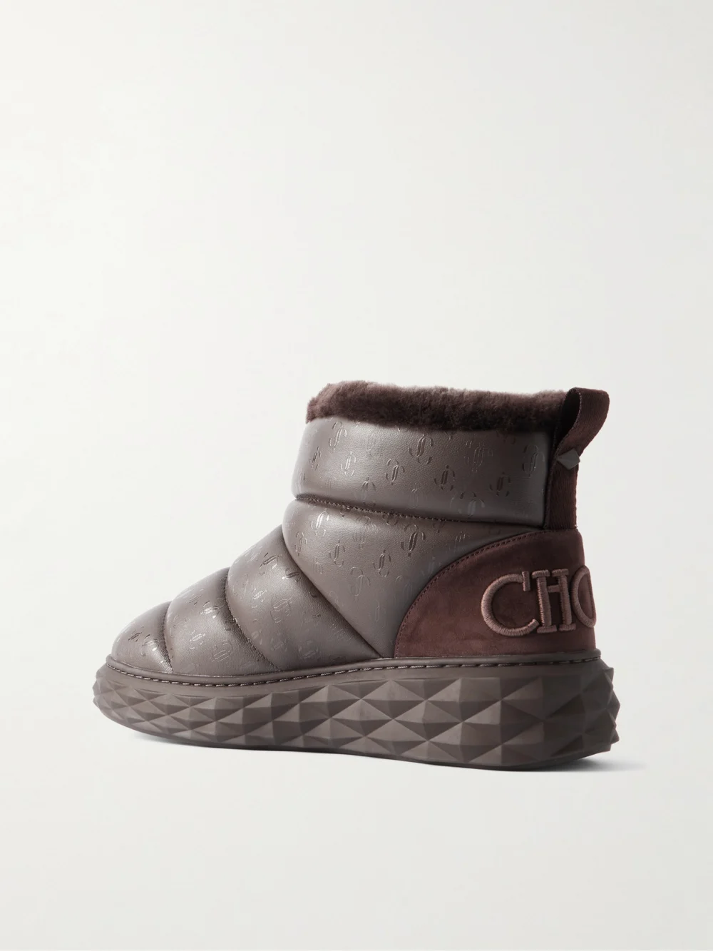 Back view of the Jimmy Choo Xan Shearling-lined Quilted Logo-embossed Leather Boots