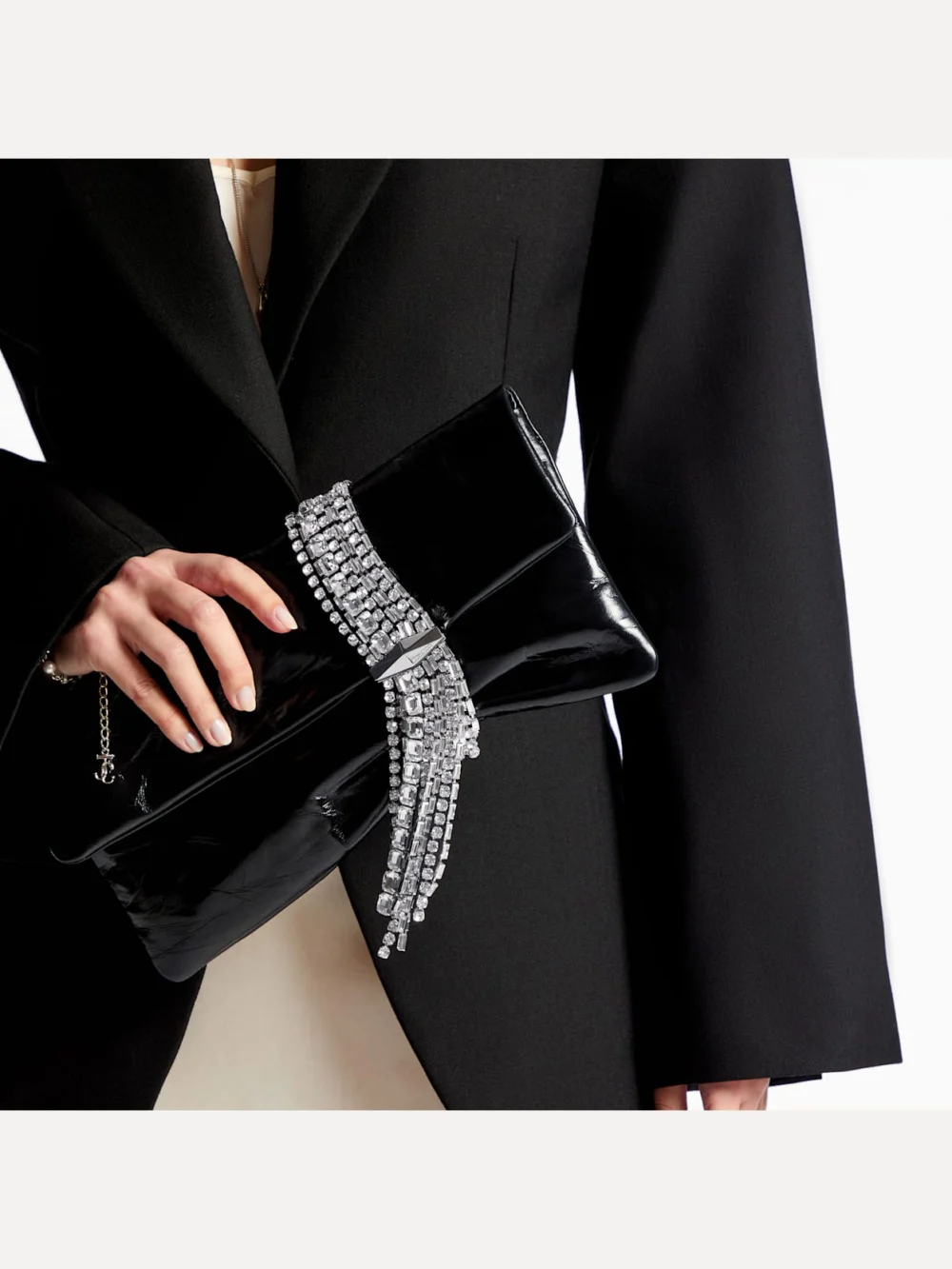 Side view of the Jimmy Choo Zandra Black Vintage Metallic Leather Clutch Bag