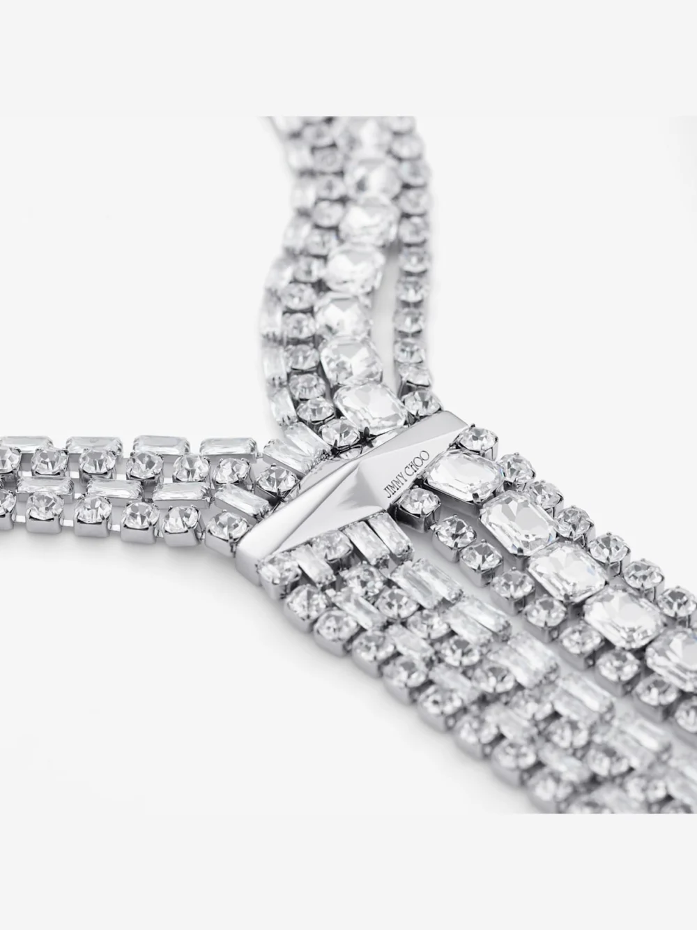 Close-up detail of the Jimmy Choo Zandra Necklace Silver Finish Crystal Necklace