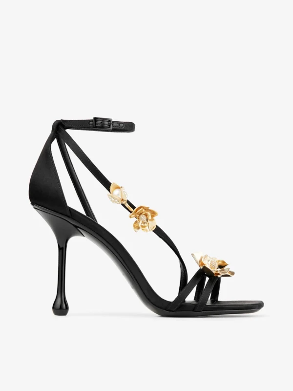 Jimmy Choo Zea 95 Black Satin Sandals with Metal Flowers