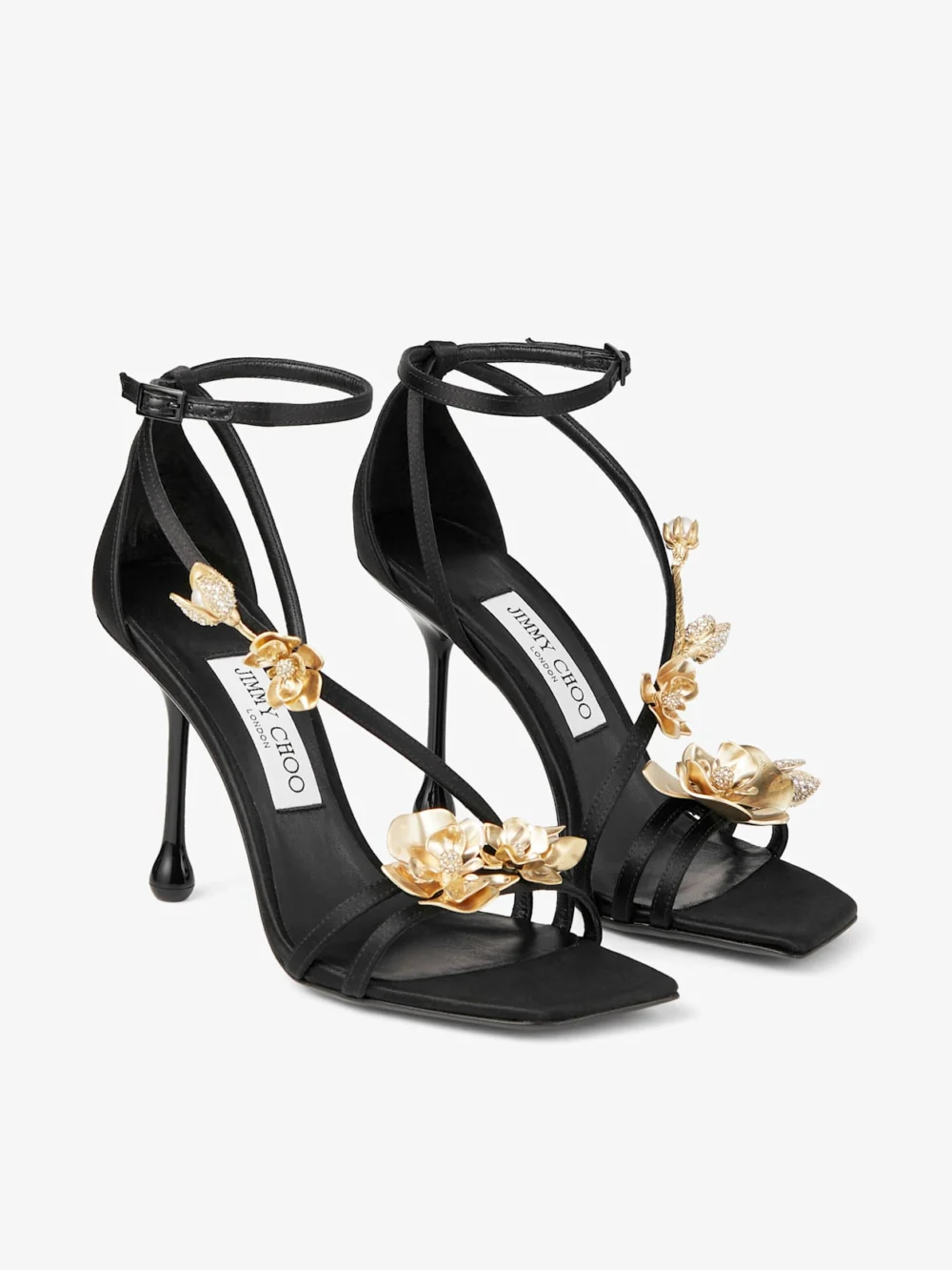 Side view of the Jimmy Choo Zea 95 Black Satin Sandals with Metal Flowers