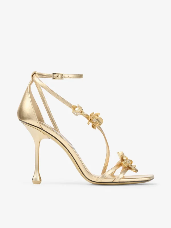 Jimmy Choo Zea 95 Gold Metallic Nappa Leather Sandals with Metal Flowers