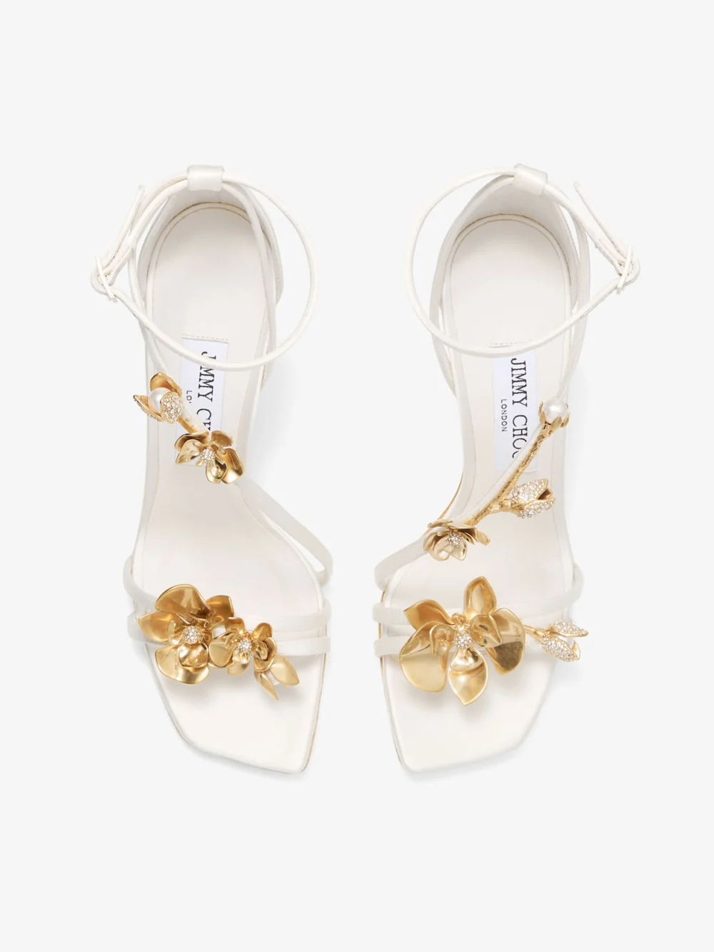 Jimmy Choo Zea 95 Ivory Satin Flower Sandals, another view