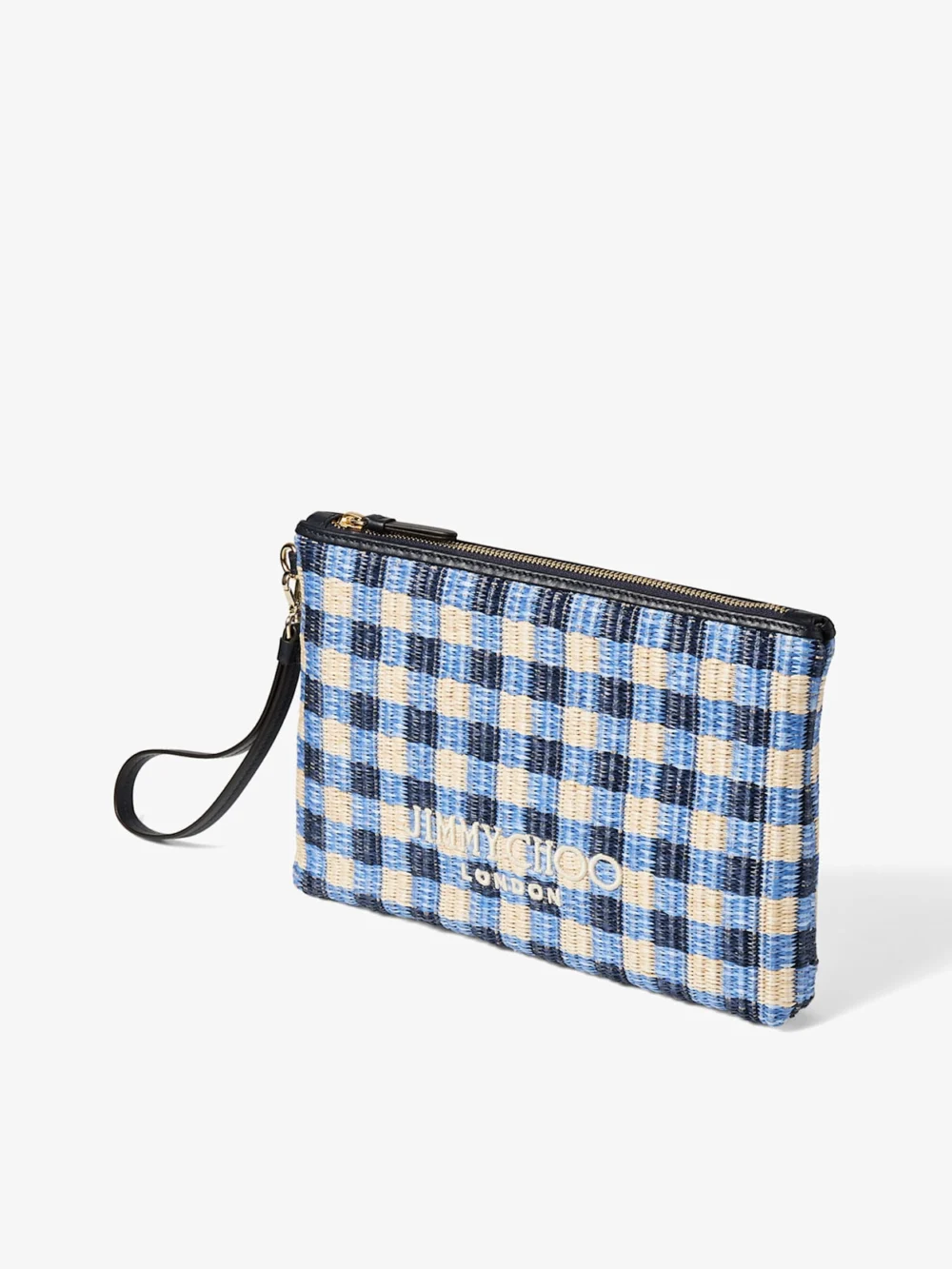 Back view of the Jimmy Choo Zipped Flat Pouch Marine Mix and Ecru Gingham Raffia Zipped Pouch