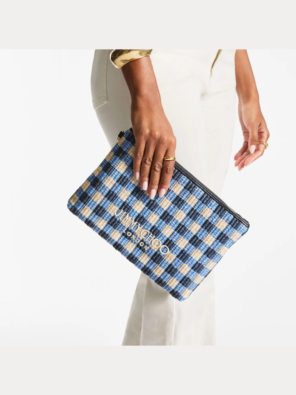 Close-up detail of the Jimmy Choo Zipped Flat Pouch Marine Mix and Ecru Gingham Raffia Zipped Pouch