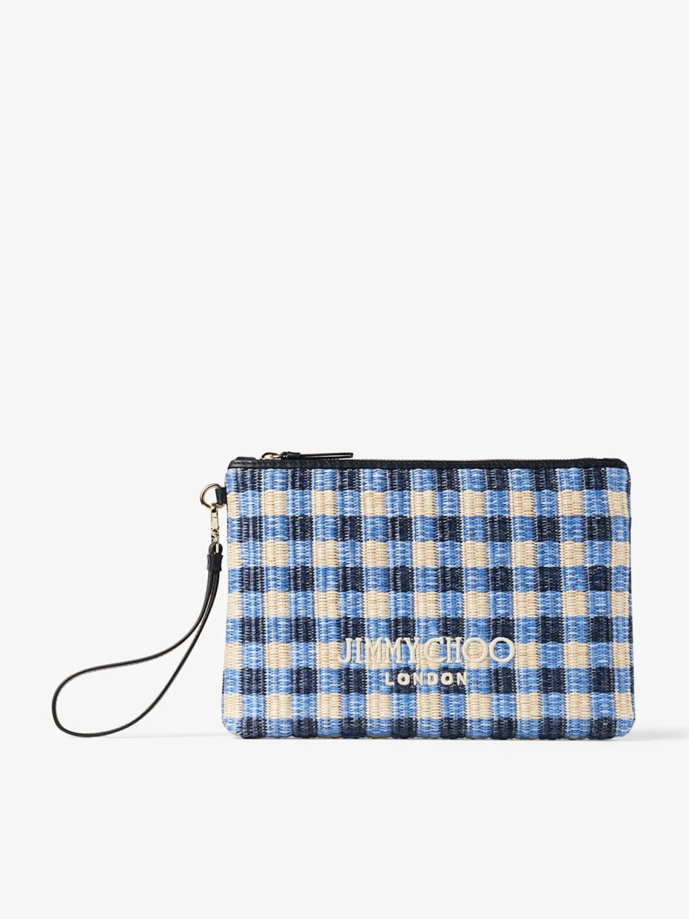Jimmy Choo Zipped Flat Pouch Marine Mix and Ecru Gingham Raffia Zipped Pouch in marine mix
