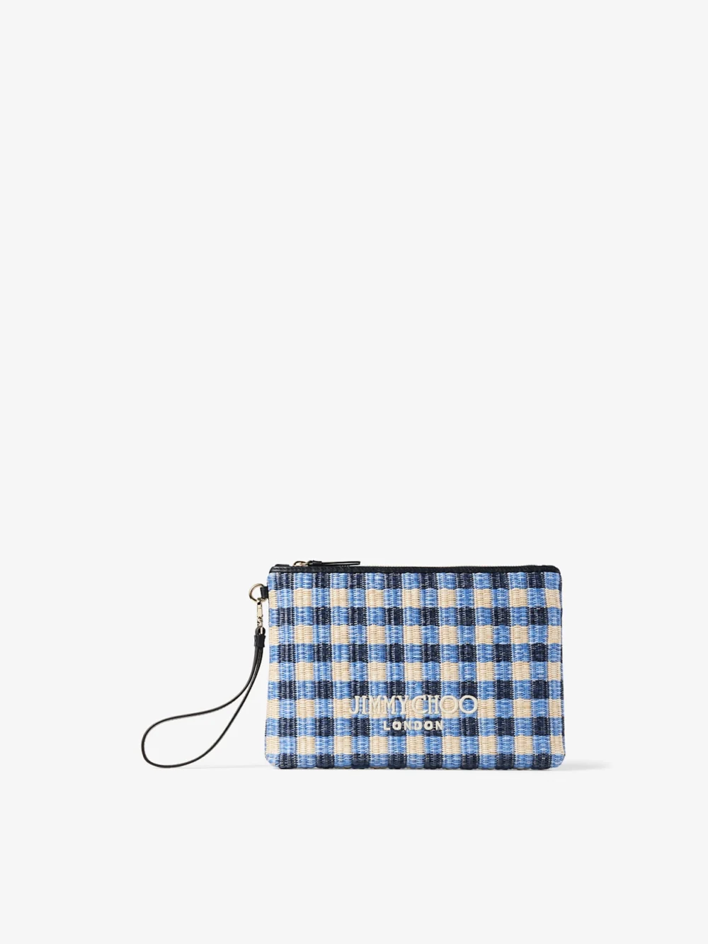Side view of the Jimmy Choo Zipped Flat Pouch Marine Mix and Ecru Gingham Raffia Zipped Pouch