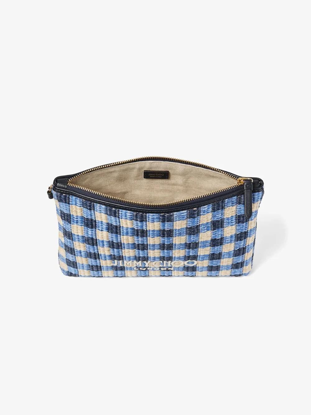 Jimmy Choo Zipped Flat Pouch Marine Mix and Ecru Gingham Raffia Zipped Pouch, another view