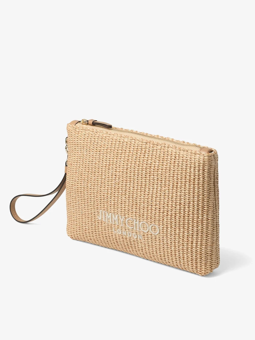 Close-up detail of the Jimmy Choo Zipped Flat Pouch Natural and Latte Raffia Zipped Pouch