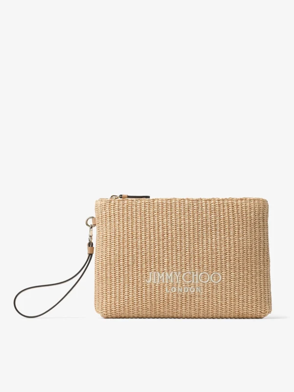 Jimmy Choo Zipped Flat Pouch Natural and Latte Raffia Zipped Pouch