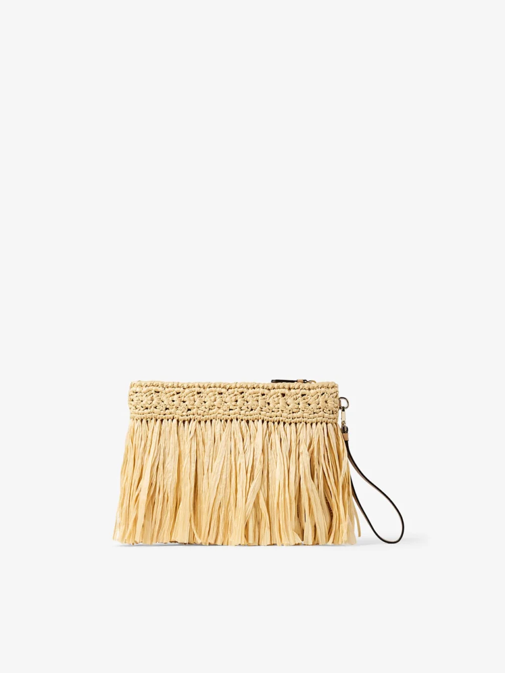 Back view of the Jimmy Choo Zipped Flat Pouch Natural and Light Gold Woven Raffia Zipped Pouch with Fringes