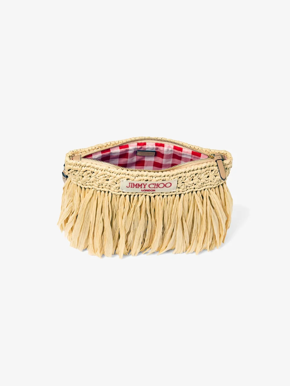 Close-up detail of the Jimmy Choo Zipped Flat Pouch Natural and Light Gold Woven Raffia Zipped Pouch with Fringes