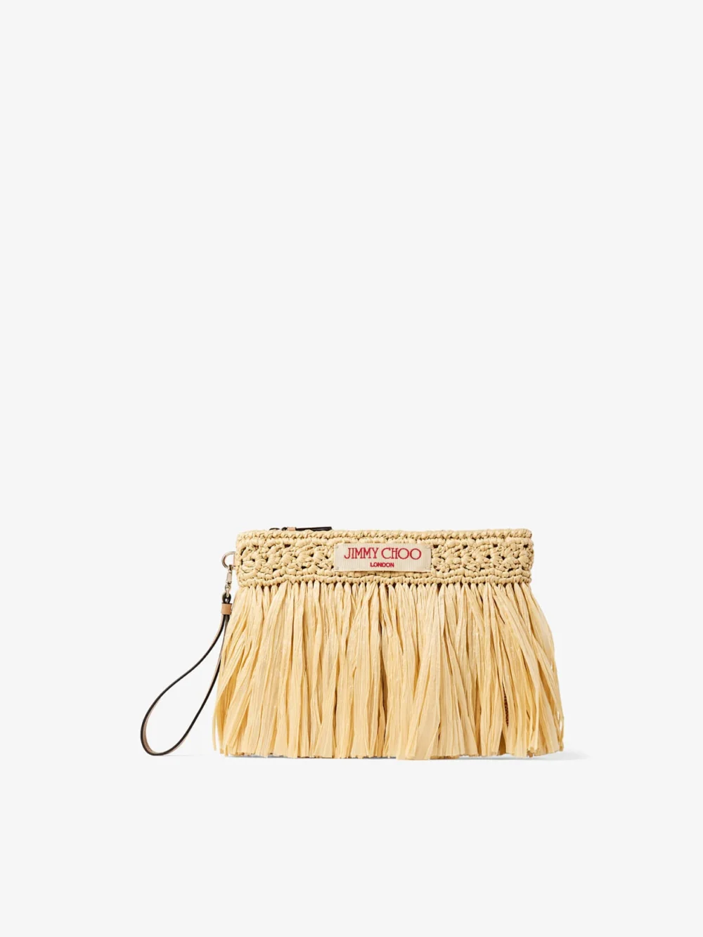 Jimmy Choo Zipped Flat Pouch Natural and Light Gold Woven Raffia Zipped Pouch with Fringes in natural