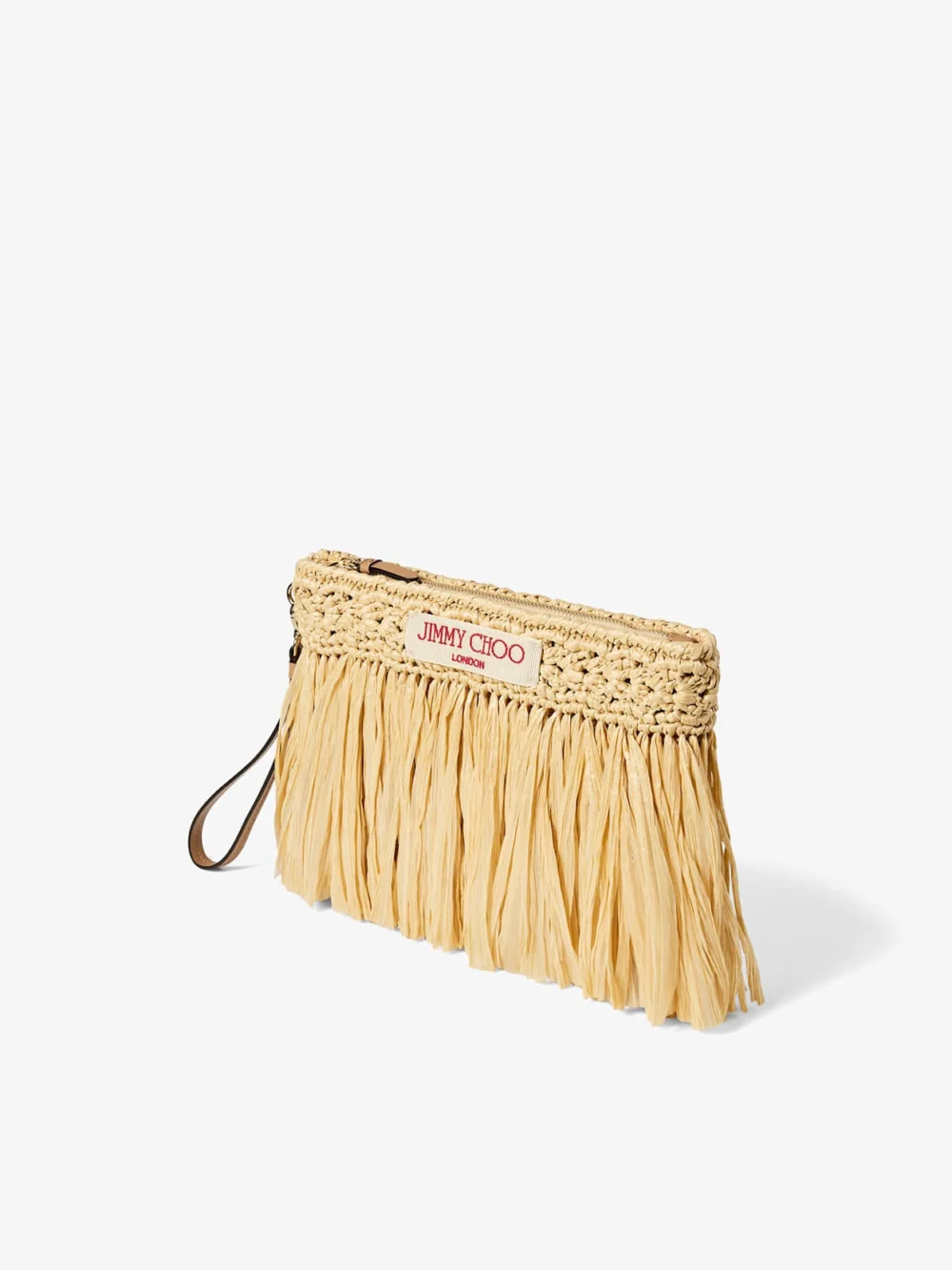Side view of the Jimmy Choo Zipped Flat Pouch Natural and Light Gold Woven Raffia Zipped Pouch with Fringes