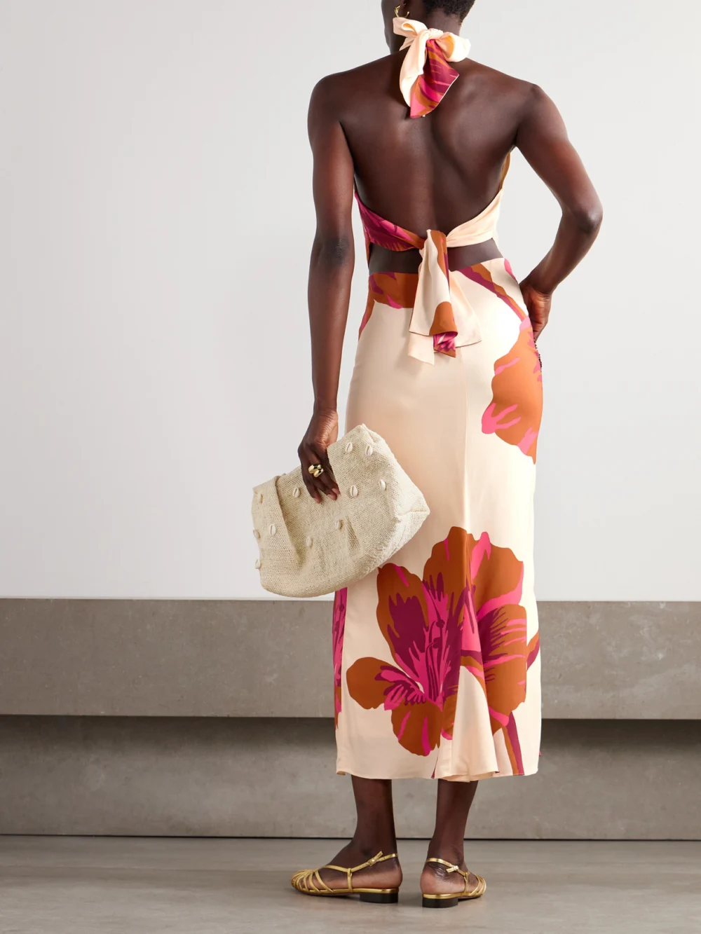 Back view of the Johanna Ortiz Best of Times Embellished Printed Crepe Halterneck Midi Dress