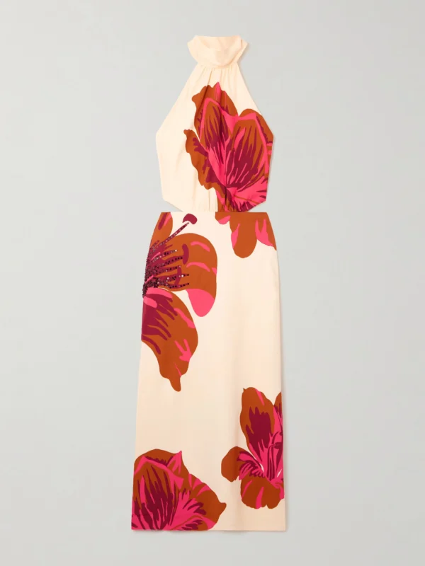 Johanna Ortiz Best of Times Embellished Printed Crepe Halterneck Midi Dress