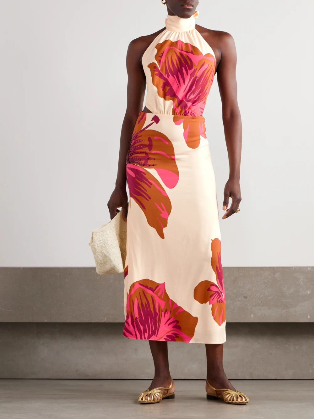 Johanna Ortiz Best of Times Embellished Printed Crepe Halterneck Midi Dress, worn by a model