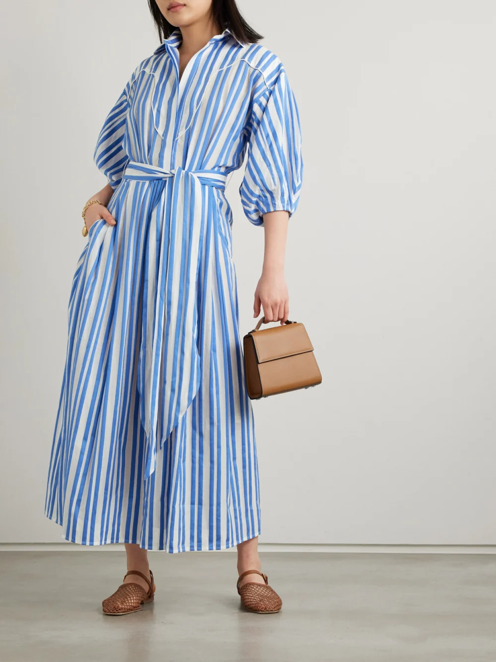 Johanna Ortiz Buena Mar Belted Striped Cotton-voile Midi Dress, worn by a model