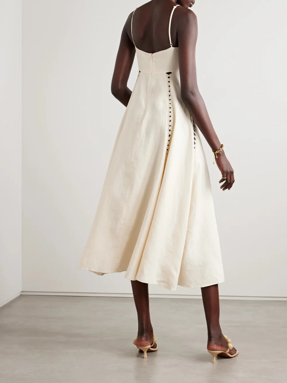 Back view of the Johanna Ortiz Catamaran Ventures Crochet-trimmed Embroidered Linen Midi Dress