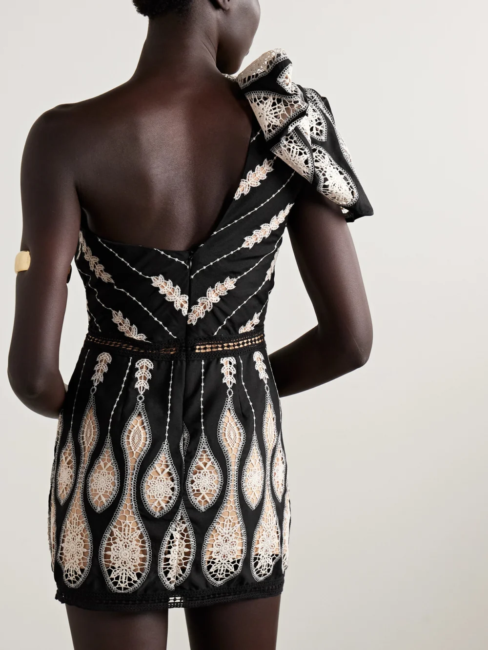 Back view of the Johanna Ortiz Celestial Matter One-shoulder Guipure Lace-trimmed Voile Mini Dress