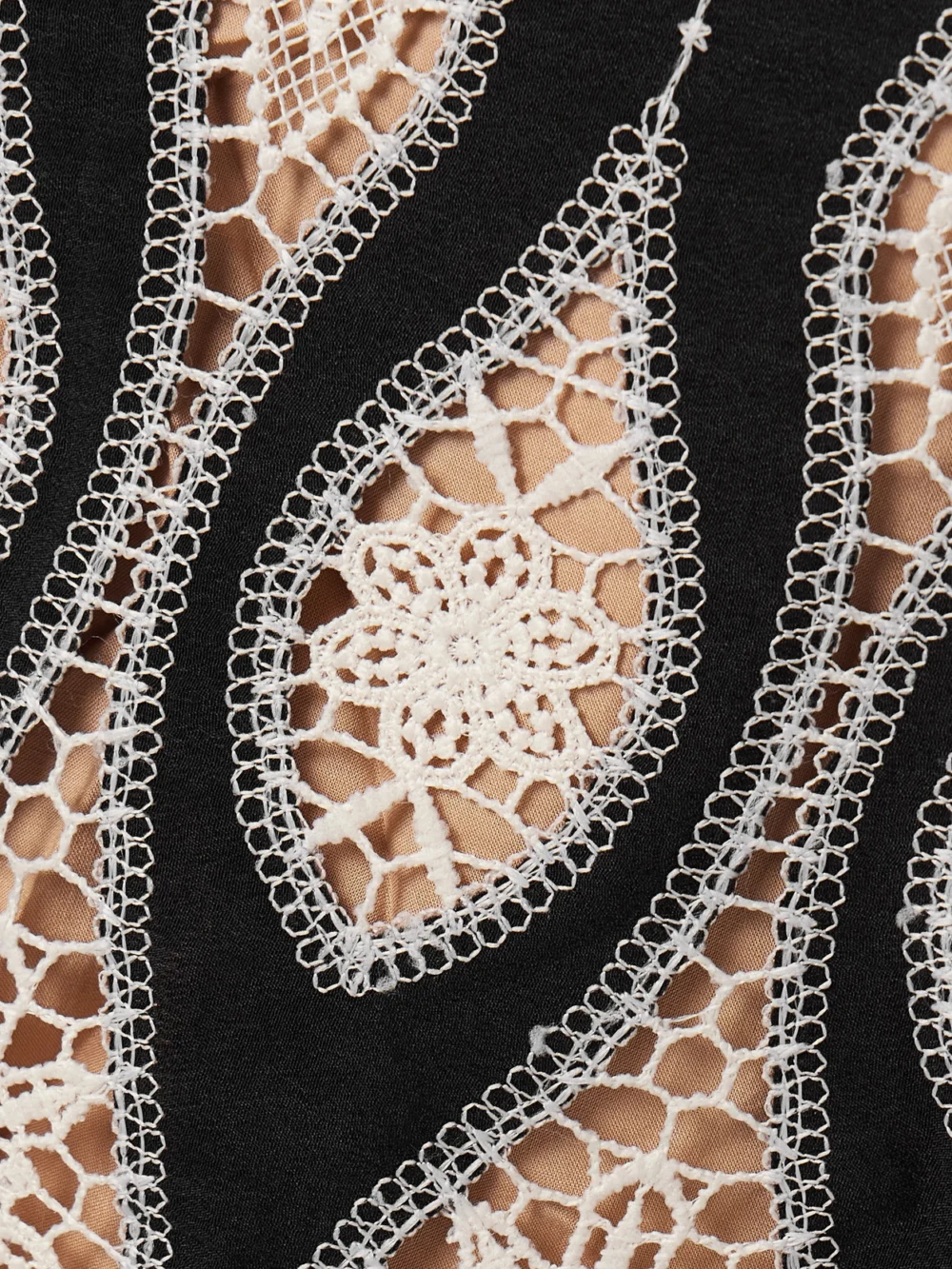 Close-up detail of the Johanna Ortiz Celestial Matter One-shoulder Guipure Lace-trimmed Voile Mini Dress