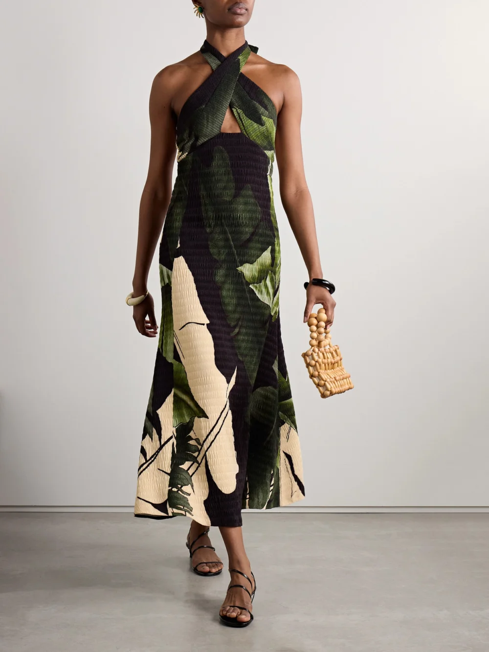 Johanna Ortiz Elegant Expedition Printed Plissé-satin Halterneck Midi Dress, worn by a model