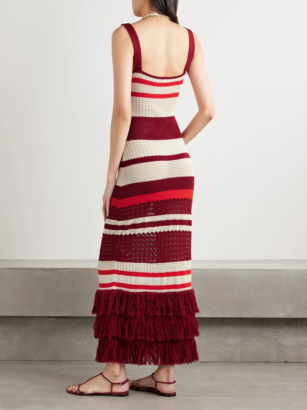 Back view of the Johanna Ortiz Embayed Fringed Crocheted Pima Cotton Maxi Dress