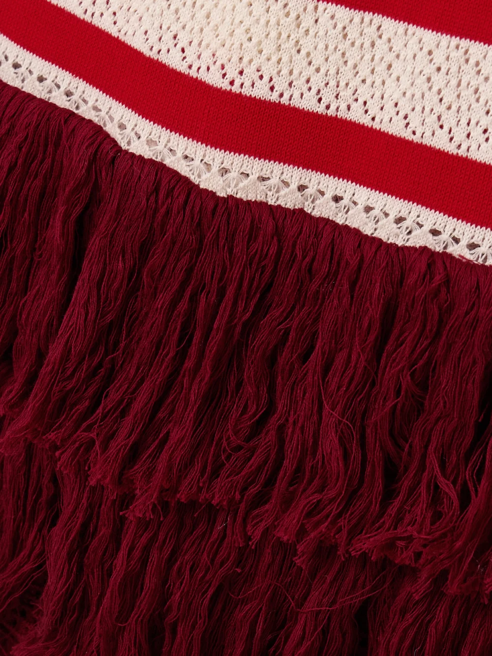 Close-up detail of the Johanna Ortiz Embayed Fringed Crocheted Pima Cotton Maxi Dress