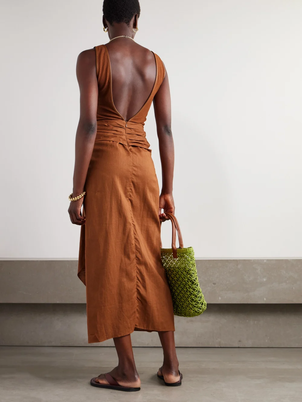 Back view of the Johanna Ortiz Encanto Pacifico Asymmetric Linen and Ribbed-knit Dress