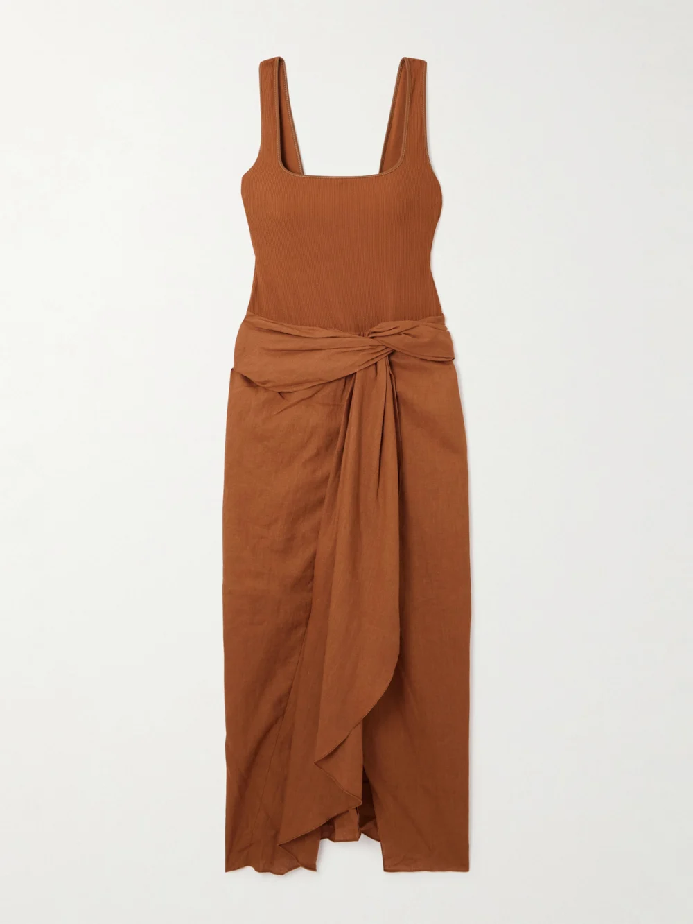 Johanna Ortiz Encanto Pacifico Asymmetric Linen and Ribbed-knit Dress in camel