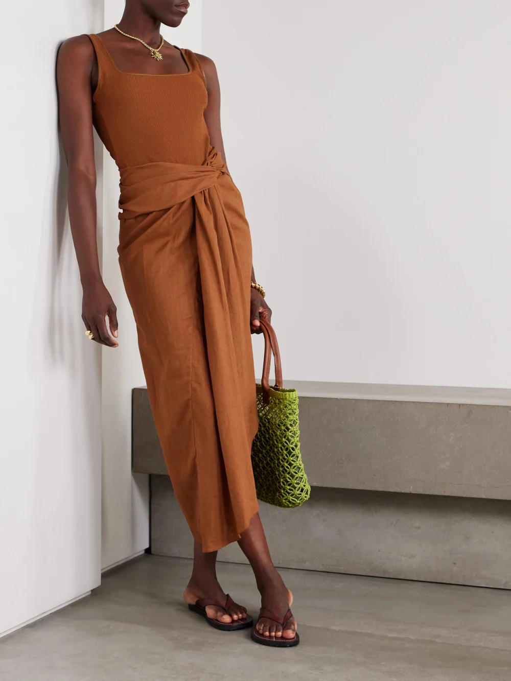 Johanna Ortiz Encanto Pacifico Asymmetric Linen and Ribbed-knit Dress, worn by a model